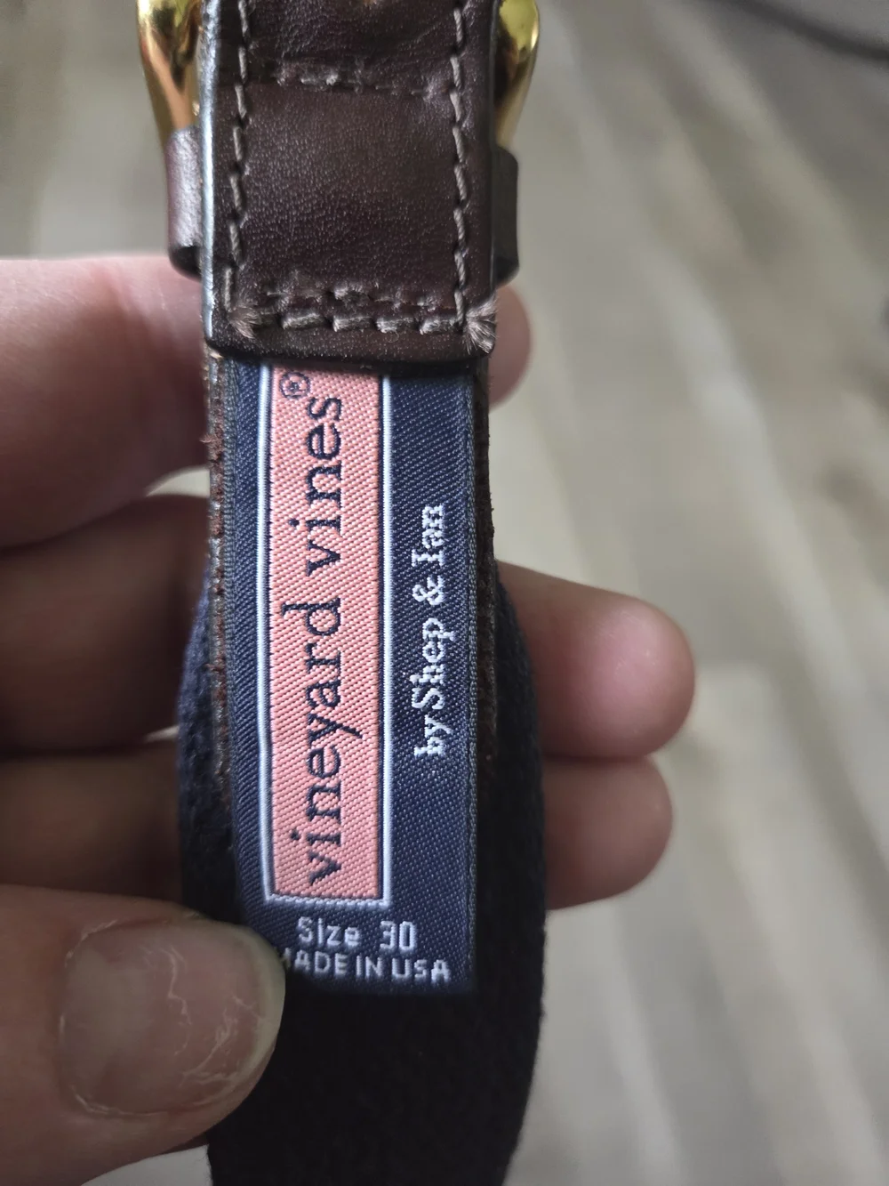 Vineyard Vines Navy Shark Print Webbing Belt with Leather Trim